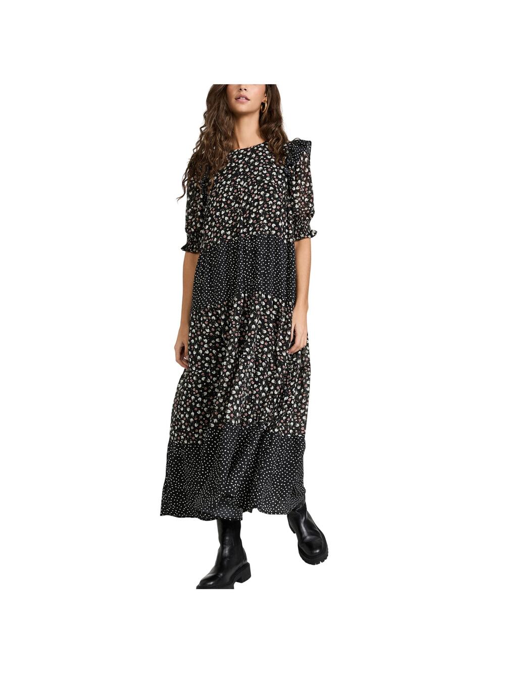 English Factory Tiered Black Multi Floral Dot Maxi Dress Size XS